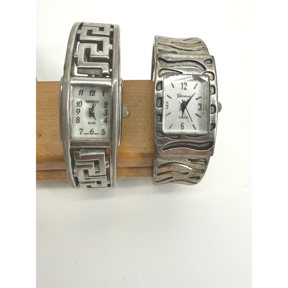 Geneva Elite 2pc Cuff Watch Set Silver Tone Greek Key Abstract Metal Quartz